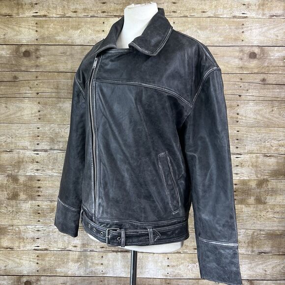 ZARA Size Small Relaxed Mens Leather Gray Jacket Coat Biker Aviator Racer NWT - Picture 3 of 16